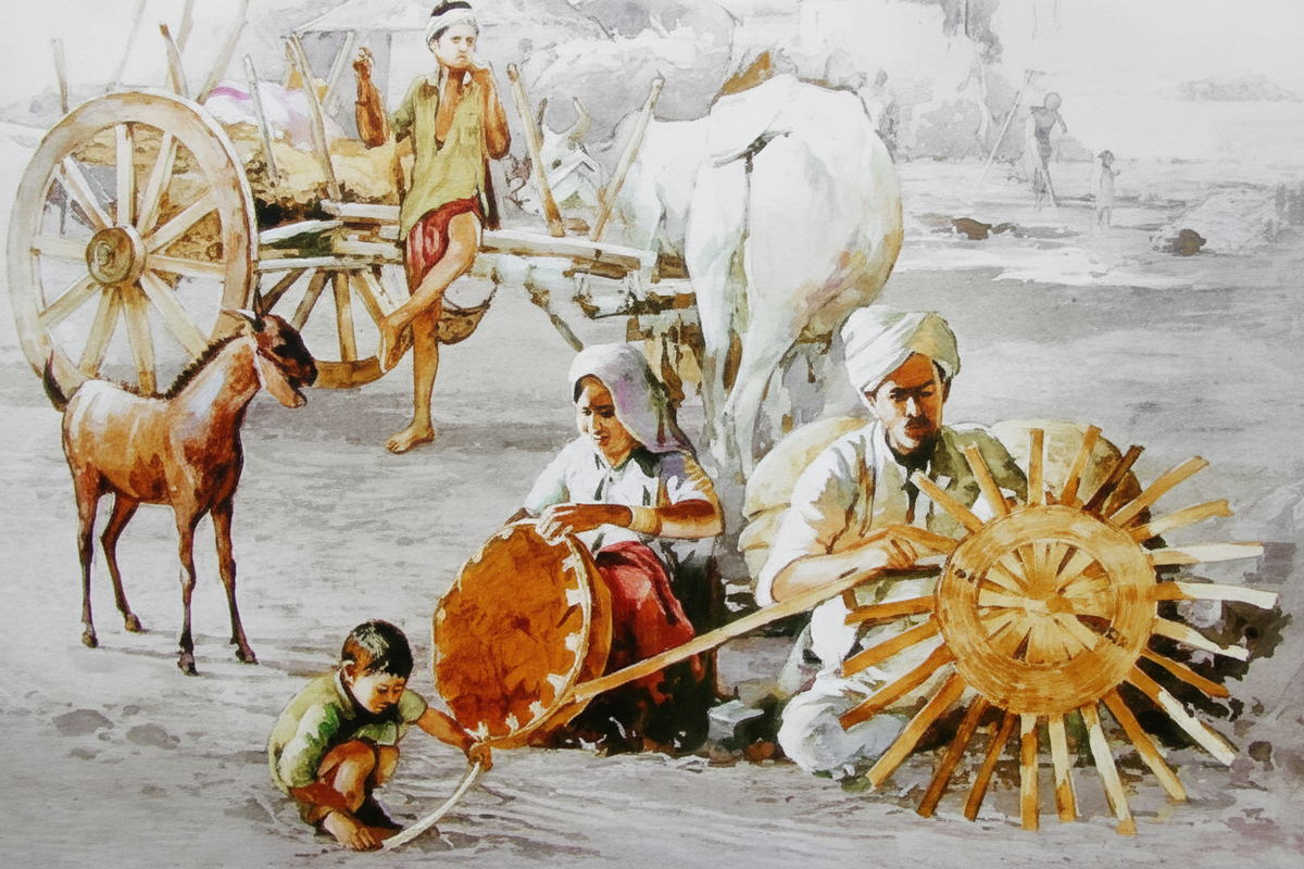 Close view of the rural village painting poster with ox carts and earthy tones