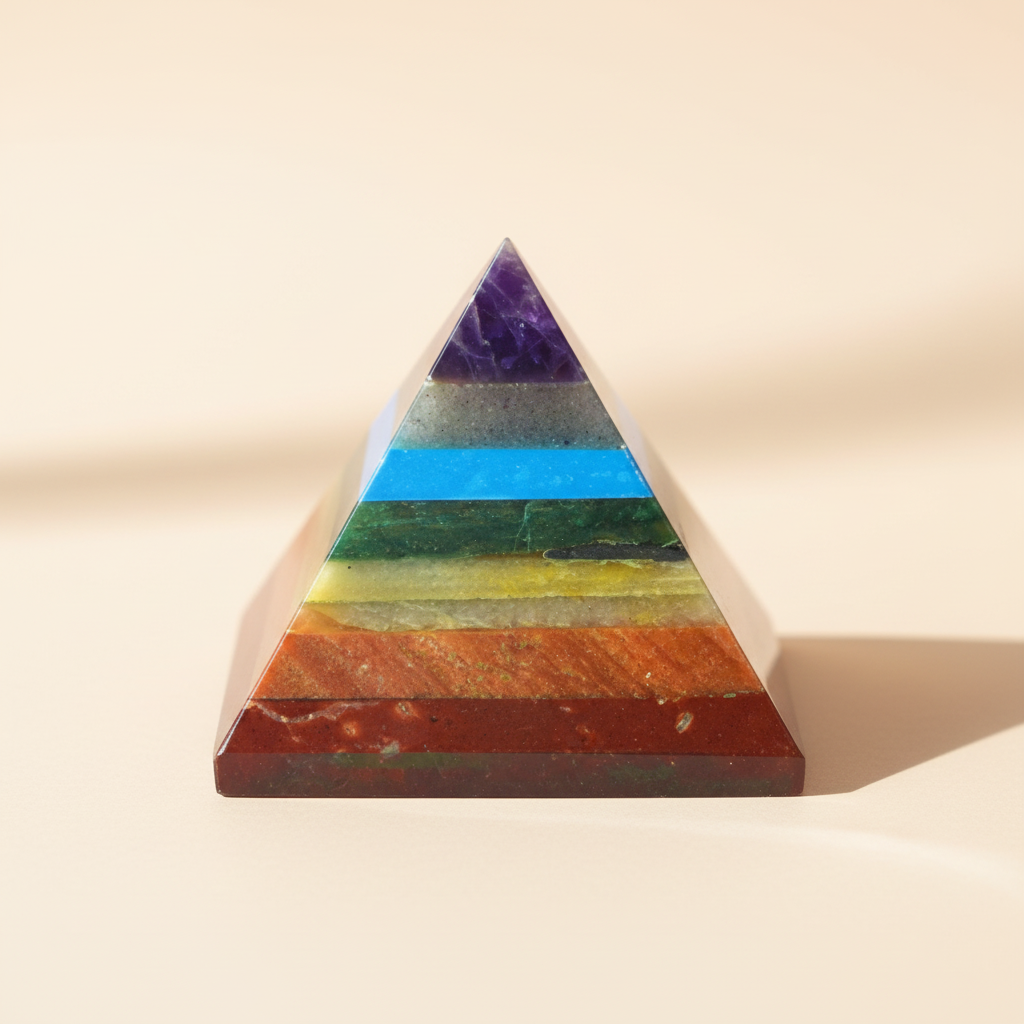 Natural 7 Chakra crystal pyramid with rainbow chakra layers on a warm ivory background