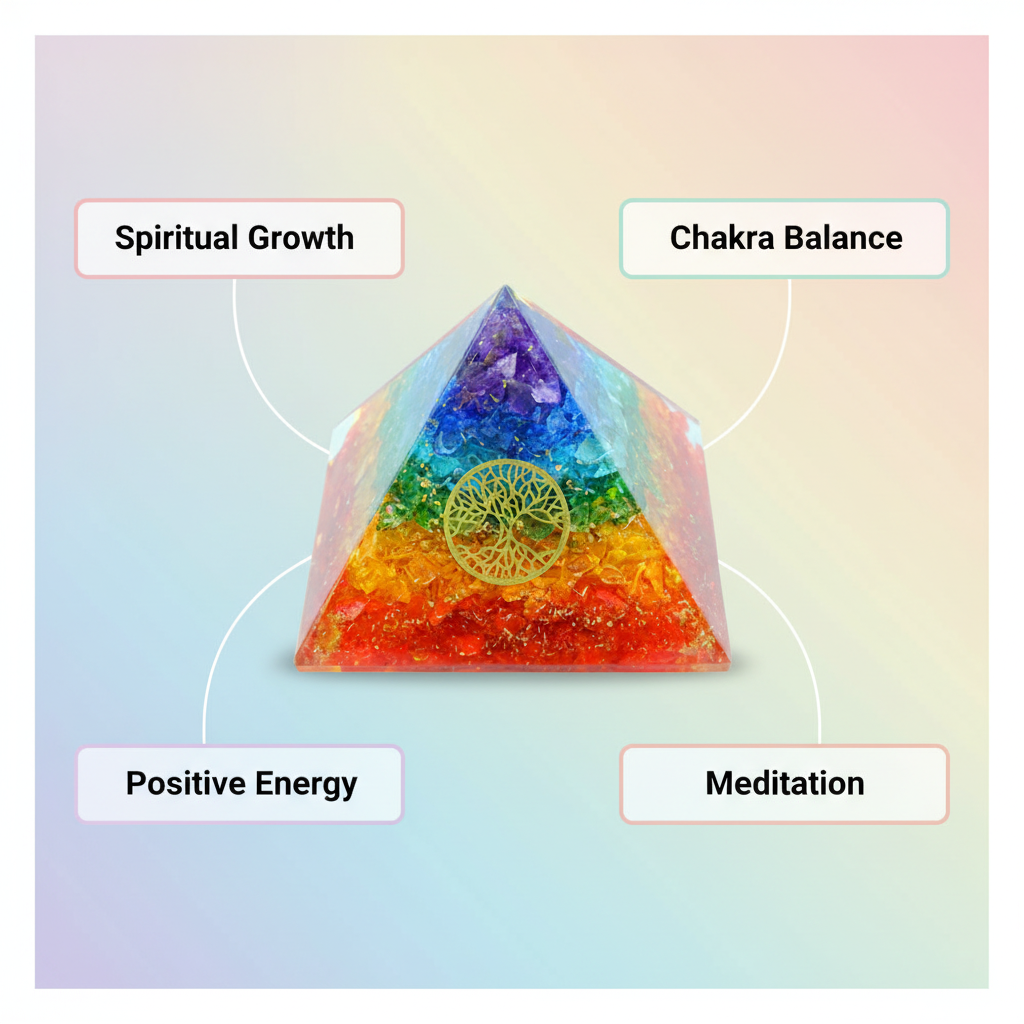 7 Chakra Orgone Tree pyramid with chakra balance, meditation, positive energy and spiritual growth benefits