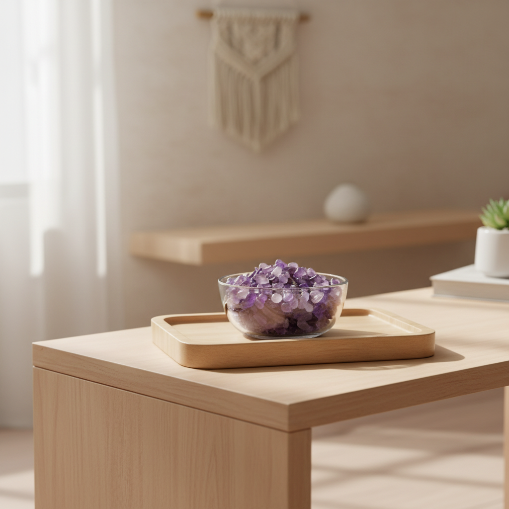 Amethyst tumbled stones displayed in a glass dish on a calm meditation table
