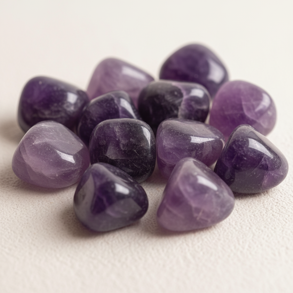 Close-up arrangement of Amethyst tumble stones on a light background