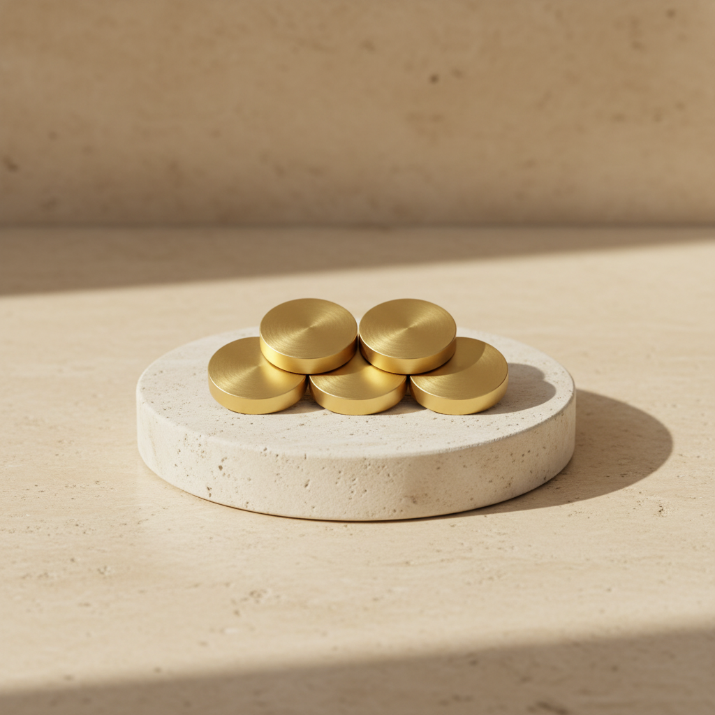 Compact cluster of round gold-toned pieces displayed on a light stone pedestal
