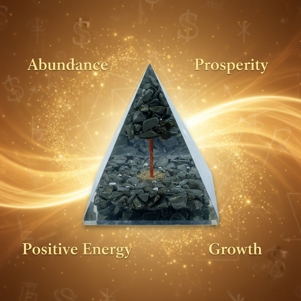 Triangular Pyrite money-tree crystal pyramid with abundance, prosperity, positive energy and growth labels