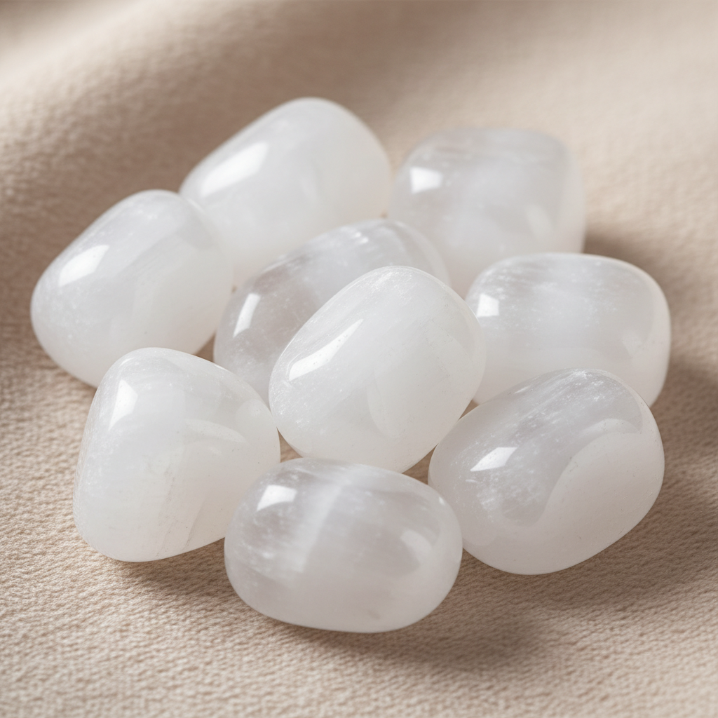 Close-up of smooth polished Selenite tumble stones with a soft translucent sheen