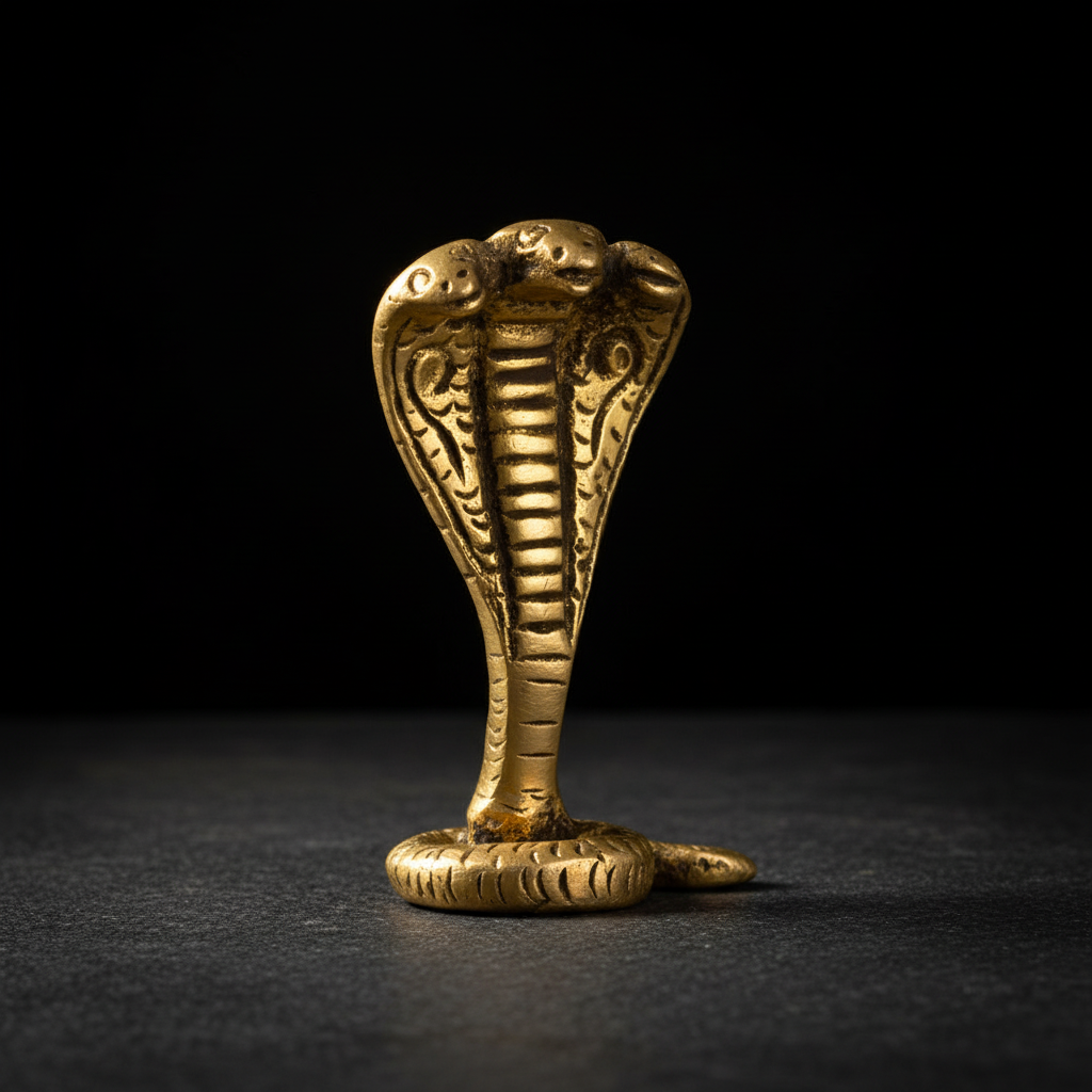 Gold-brass cobra snake figurine on a dark stone surface with a black studio background