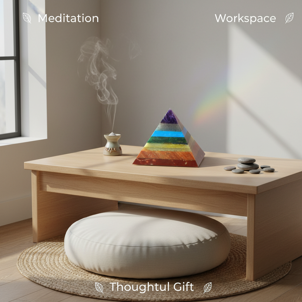 Natural 7 Chakra crystal pyramid displayed in a meditation and workspace setting