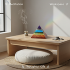 Natural 7 Chakra crystal pyramid displayed in a meditation and workspace setting