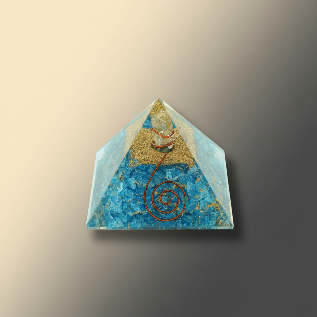 Blue Turquoise Firoza crystal pyramid on a premium warm studio background