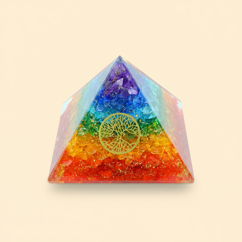 Colorful 7 Chakra Orgone Tree pyramid with central tree motif on a warm ivory background