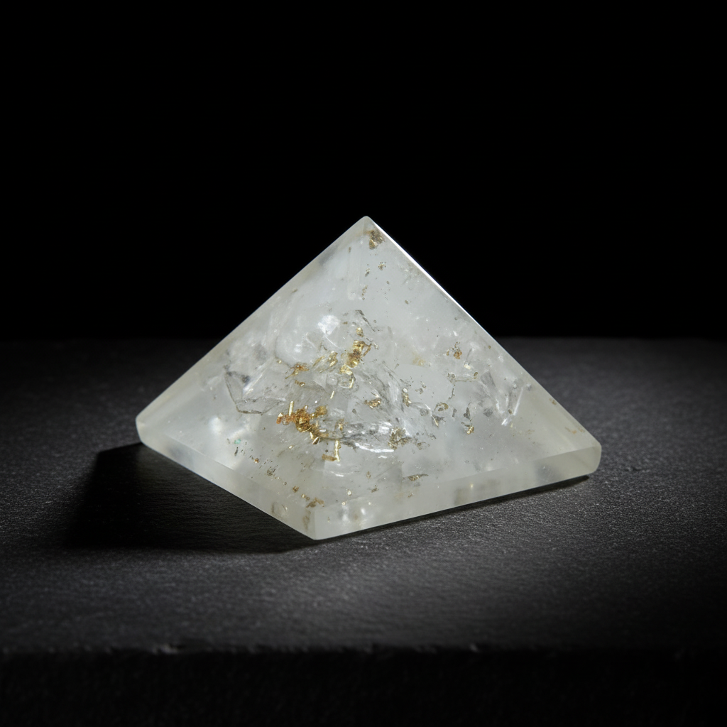 White translucent selenite pyramid on a dark stone surface with a black studio background
