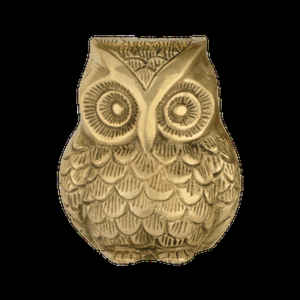 Closer view of the antique gold-bronze owl decor piece