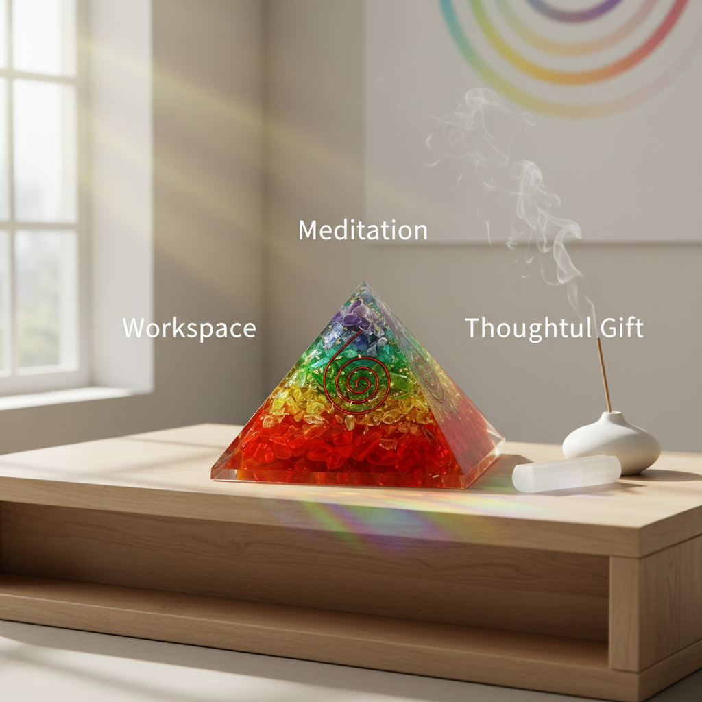 7 Chakra crystal coil pyramid displayed in a meditation and workspace setting