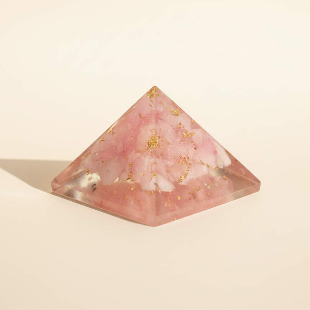 Side profile of a soft pink Rose Quartz crystal pyramid with faceted detail