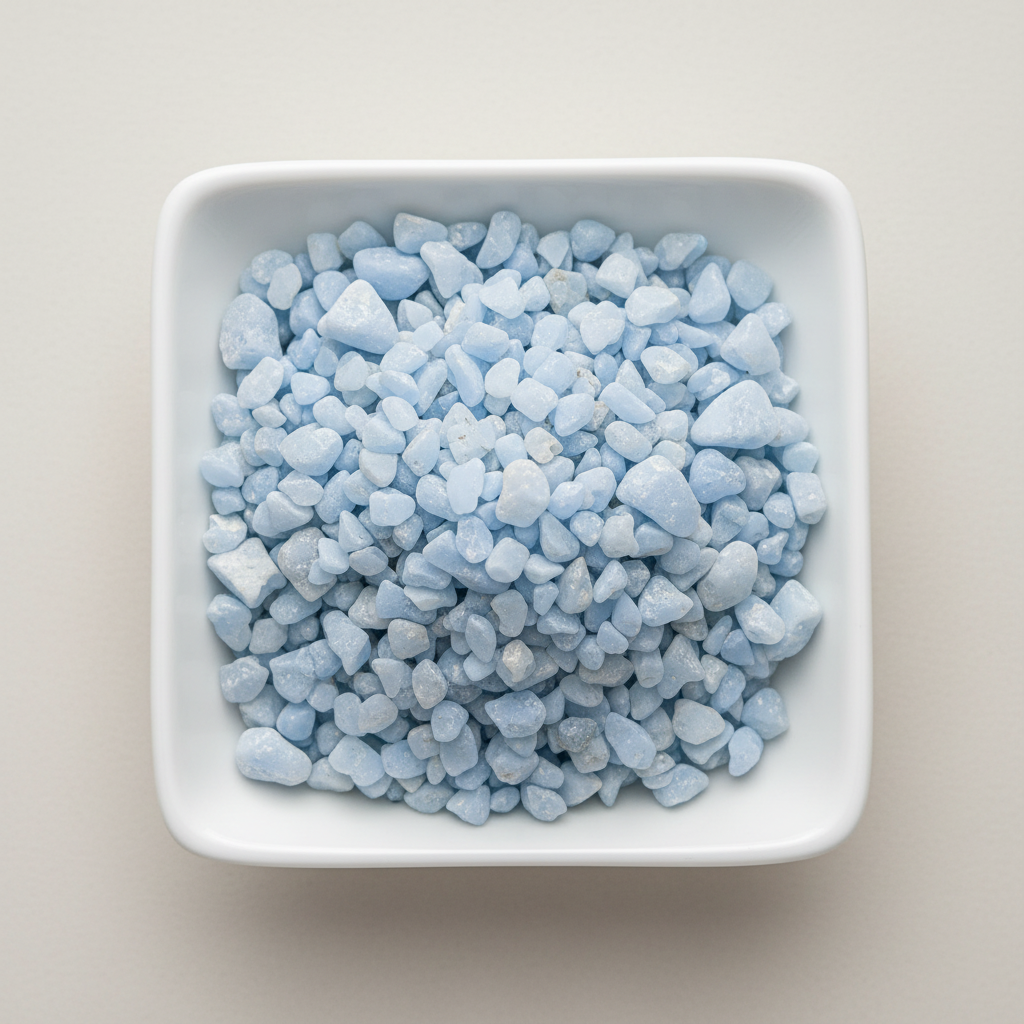 Angelite crystal chips arranged in a white ceramic dish
