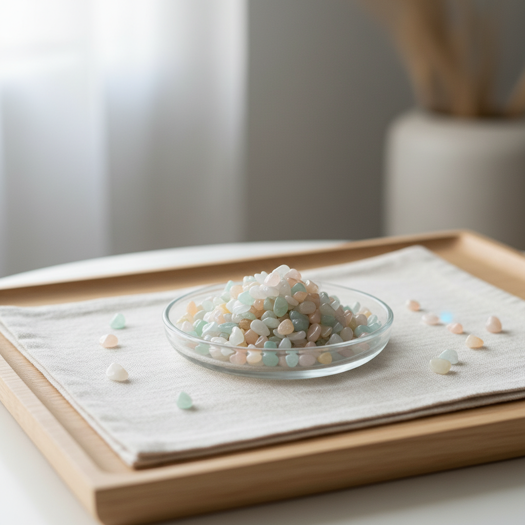 Pastel Beryl crystal chips displayed in a glass dish in a calm home setting