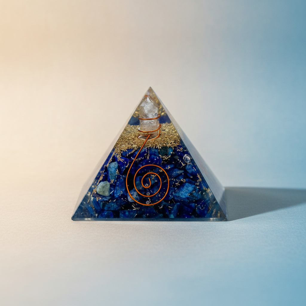 Lapis Lazuli crystal pyramid displayed on a soft blue and cream background