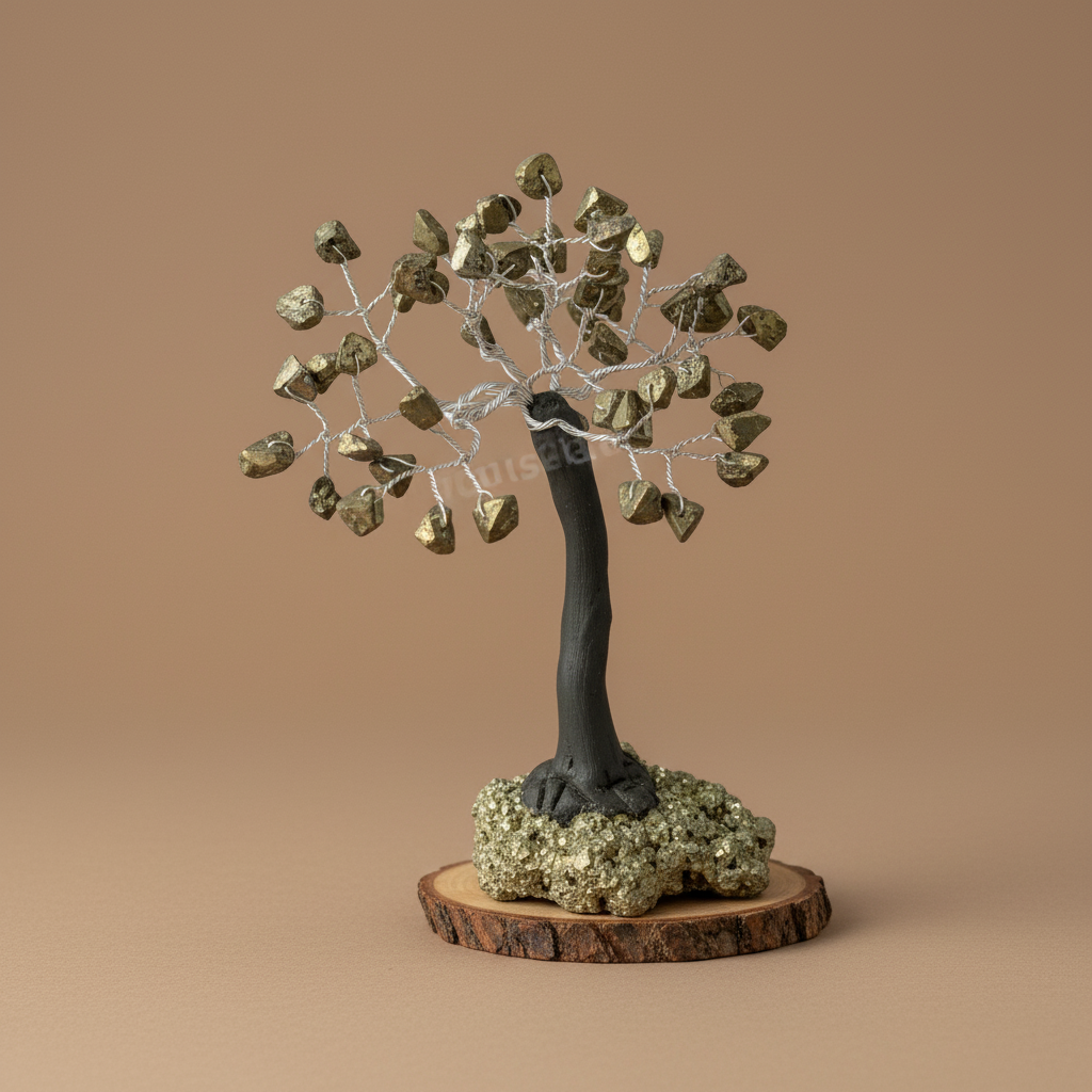 Close three-quarter view of a Pyrite crystal tree with metallic chips and dark branching trunk