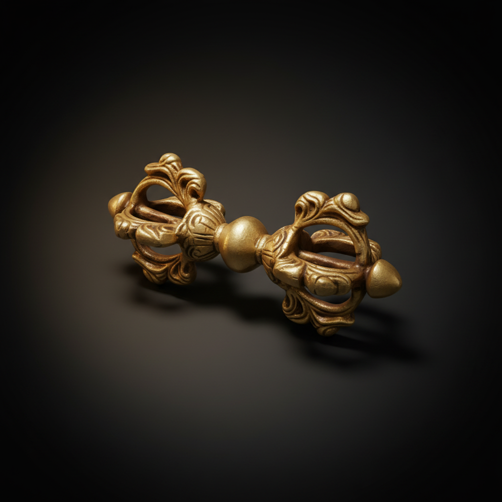Angled view of an ornate gold-tone Vajra Dorje on a dark studio background