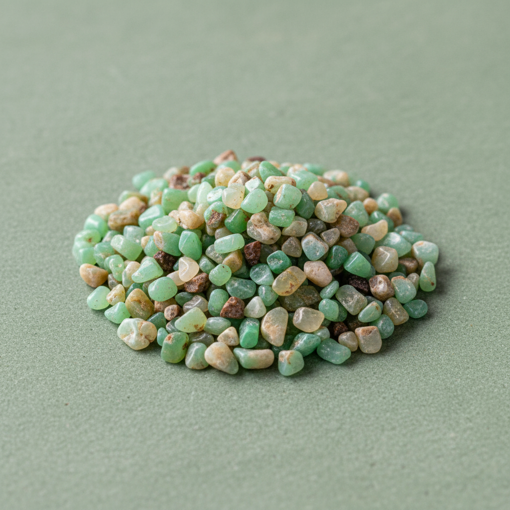 Close-up of mint green and cream Chrysoprase crystal chips on a sage surface