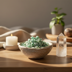 Green Jade Crystal Chips in a ceramic bowl in a calm spiritual home setting