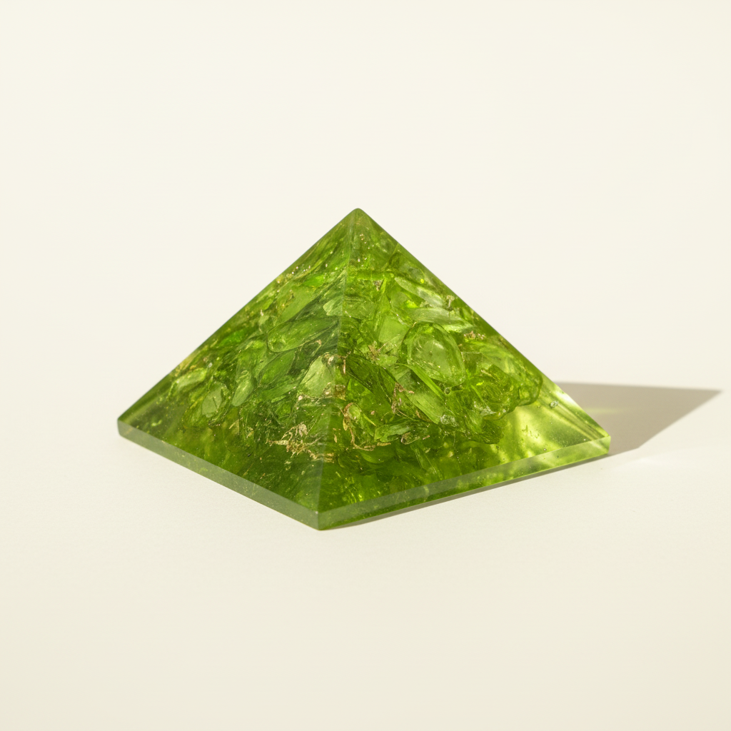 Side profile of a bright green Peridot crystal pyramid with faceted detail