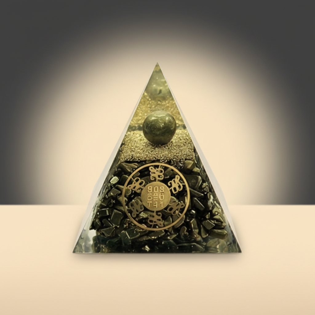 Triangular Pyrite pyramid with an embedded green-gold sphere and central coin-shaped design on a warm studio background