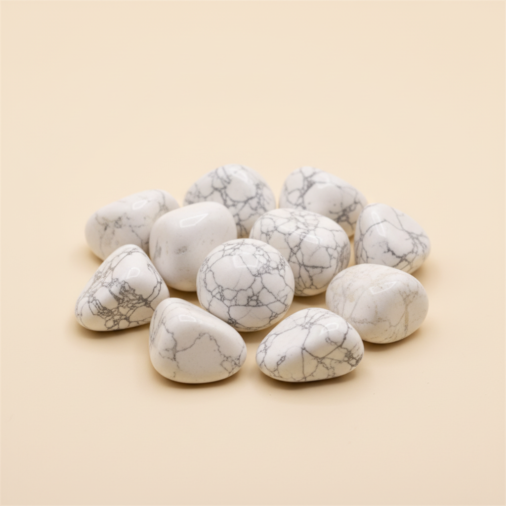 Polished Howlite tumble stones arranged on an ivory studio background