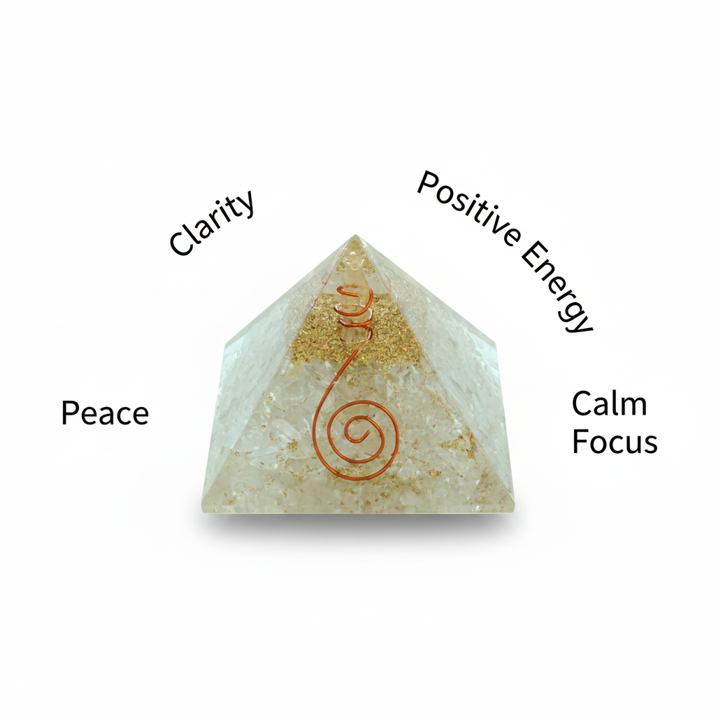 Selenite crystal pyramid with clarity, peace, positive energy and calm focus labels