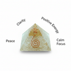 Selenite crystal pyramid with clarity, peace, positive energy and calm focus labels