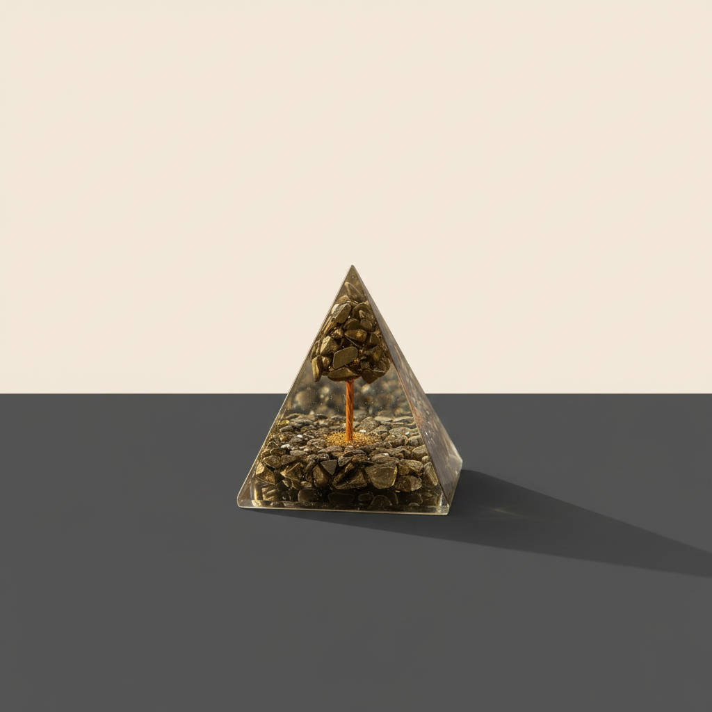 Triangular Pyrite money-tree crystal pyramid with a golden-brown tree design inside on a warm studio background