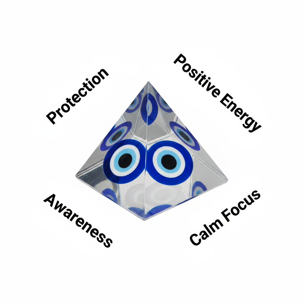 Evil Eye protection pyramid with protection, positive energy, awareness and calm focus labels