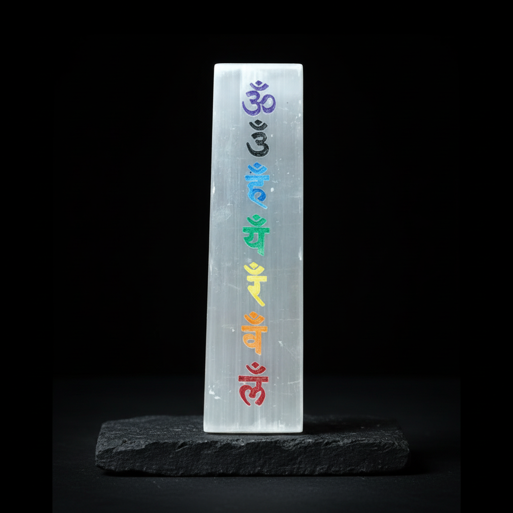 Rectangular seven chakra panel displayed on dark stone with a black studio background