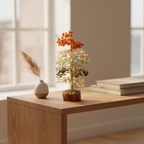 Multi-Color crystal tree displayed on a wooden console in a bright calm home workspace