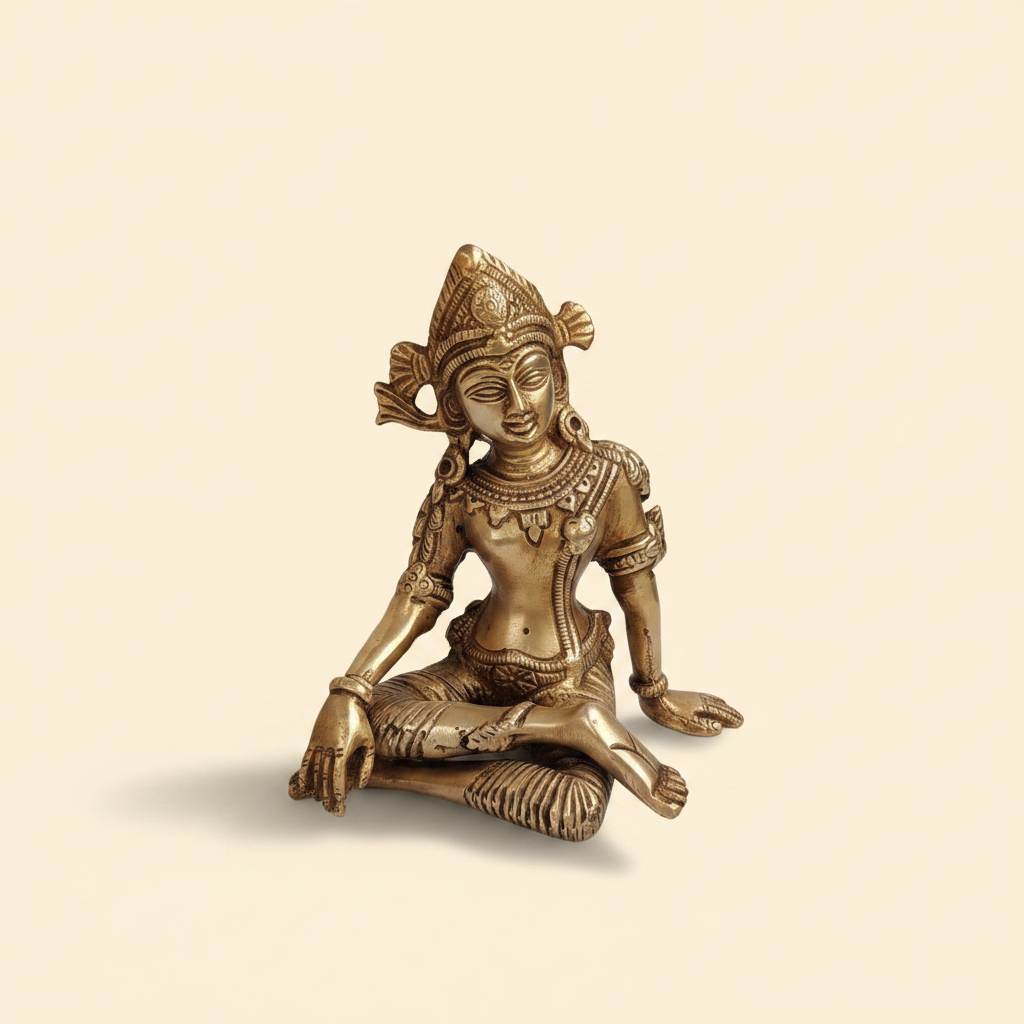 Seated antique-gold Indra Dev idol on a warm studio background