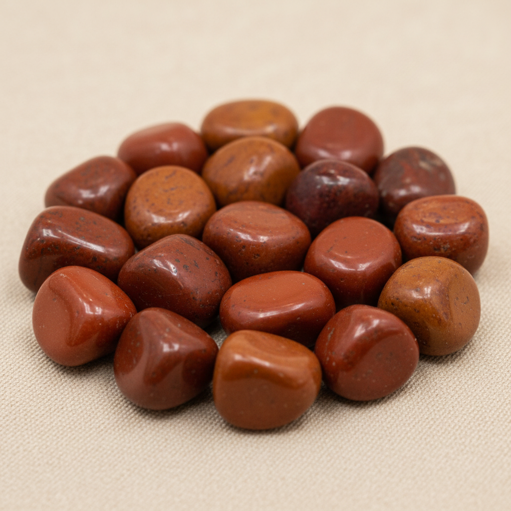 Close-up of smooth polished Red Jasper tumble stones with earthy red mottling
