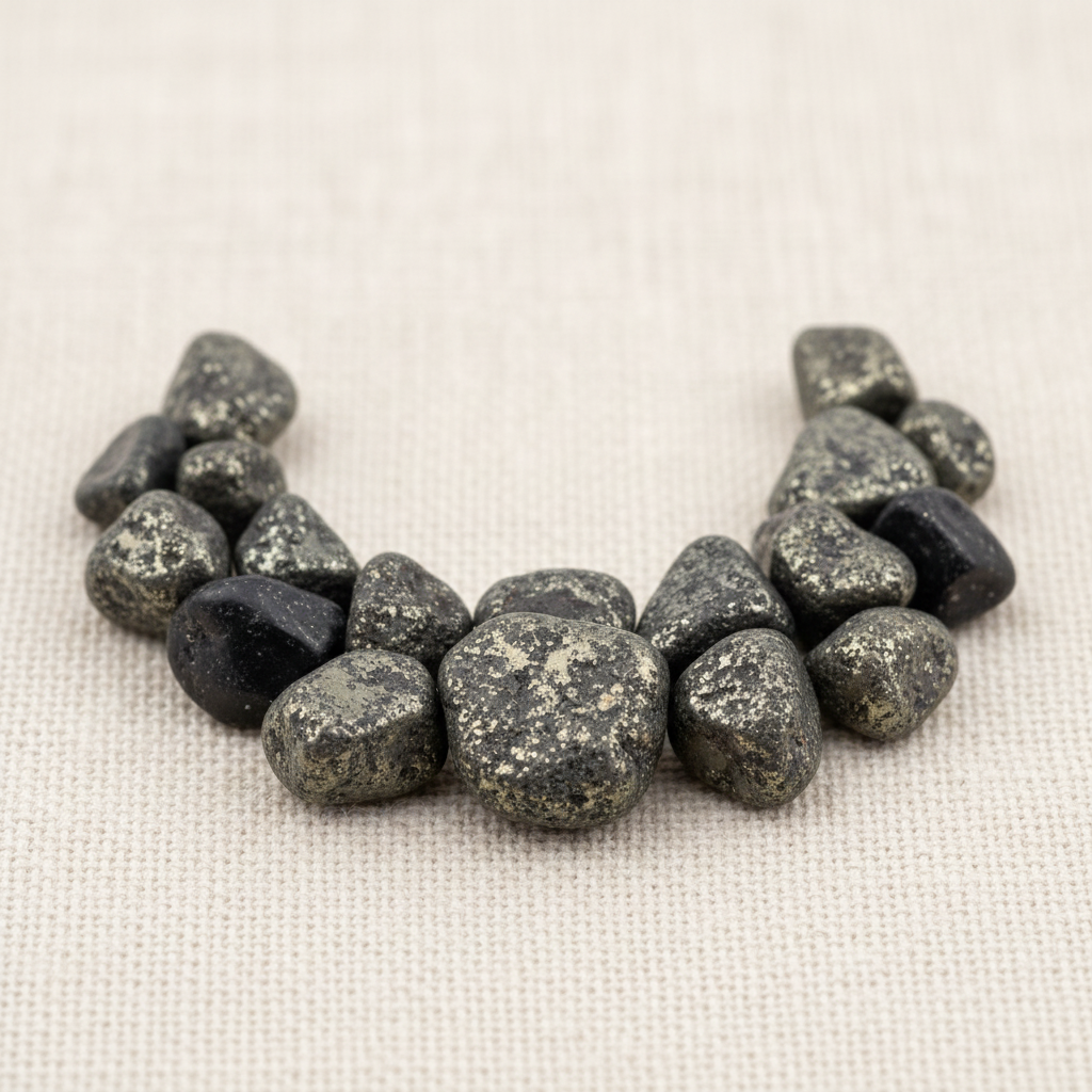 Close-up of rough dark metallic gray and silver-gray Pyrite Crystal Chips