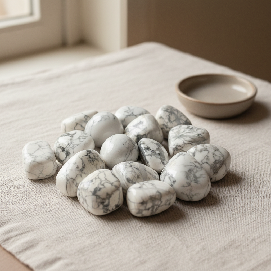 Polished Howlite tumble stones arranged on a neutral linen surface