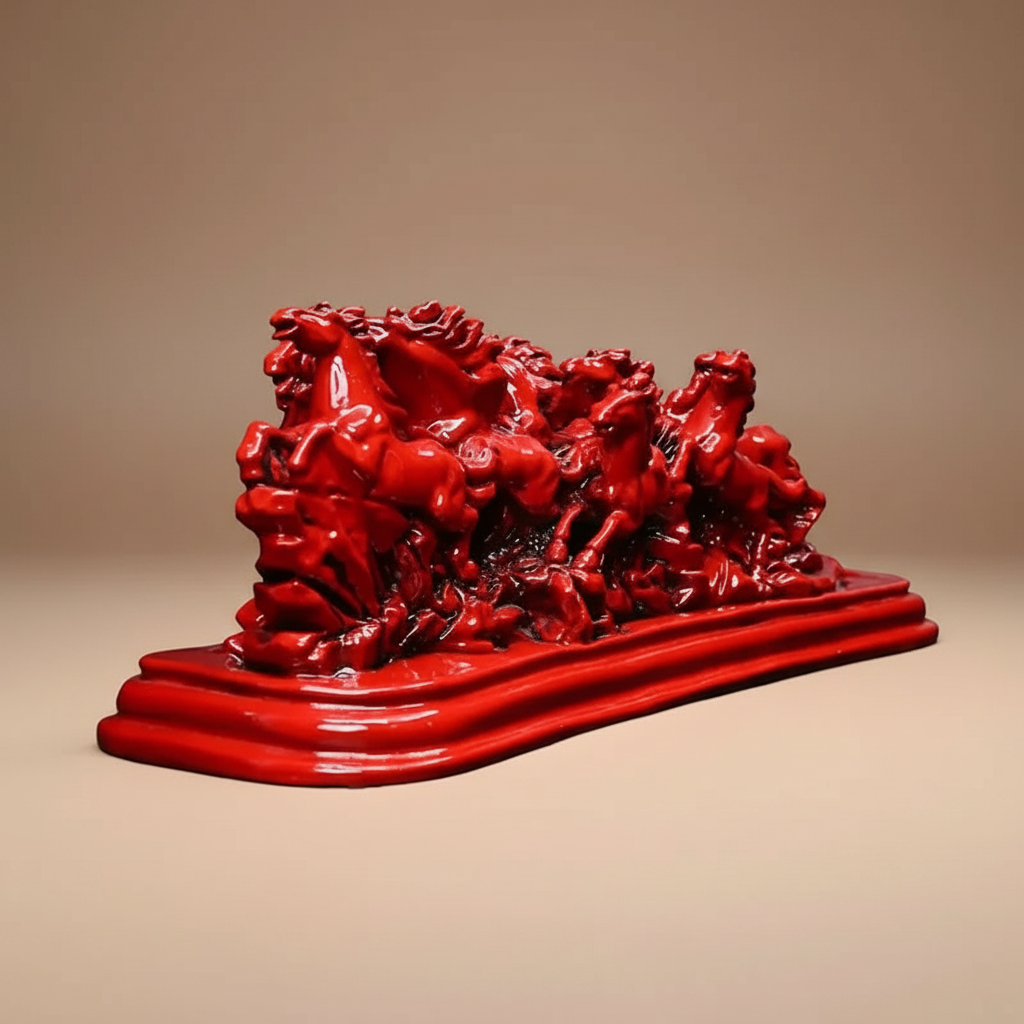 Glossy red 12 Running Red Horses sculpture from a slightly elevated side angle