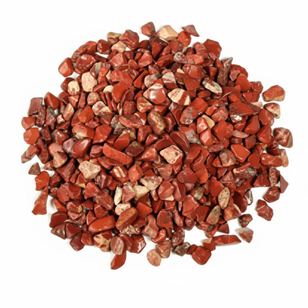 Close-up pile of Red Jasper crystal chips on a light background