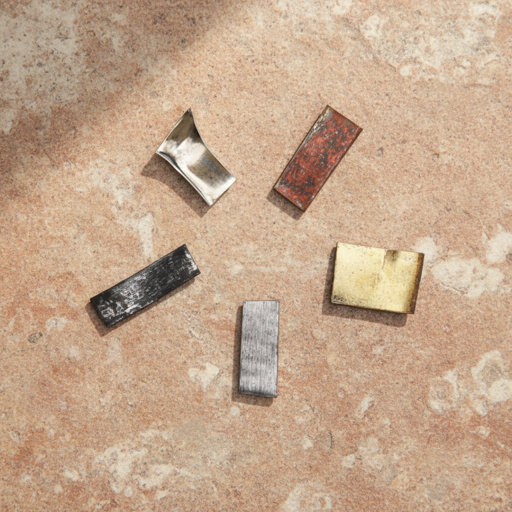 Five Panch Dhatu metal pieces on a warm terracotta and cream stone surface