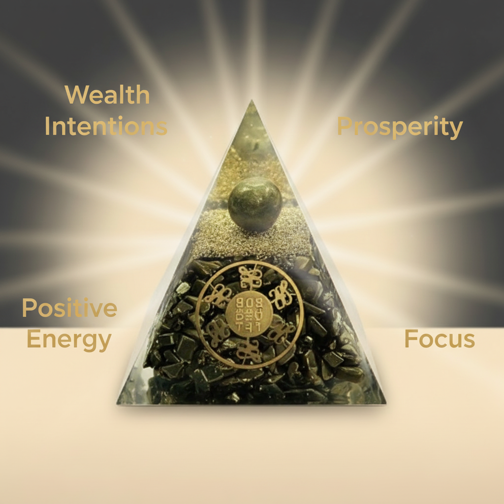 Triangular Pyrite pyramid with wealth intentions, prosperity, positive energy and focus labels