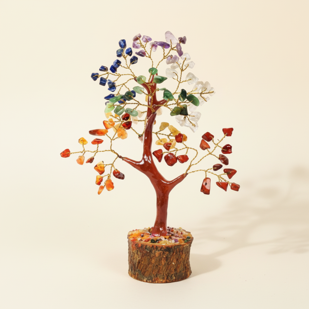 Seven Chakra crystal tree with rainbow-colour stones and a natural wood base on an ivory background