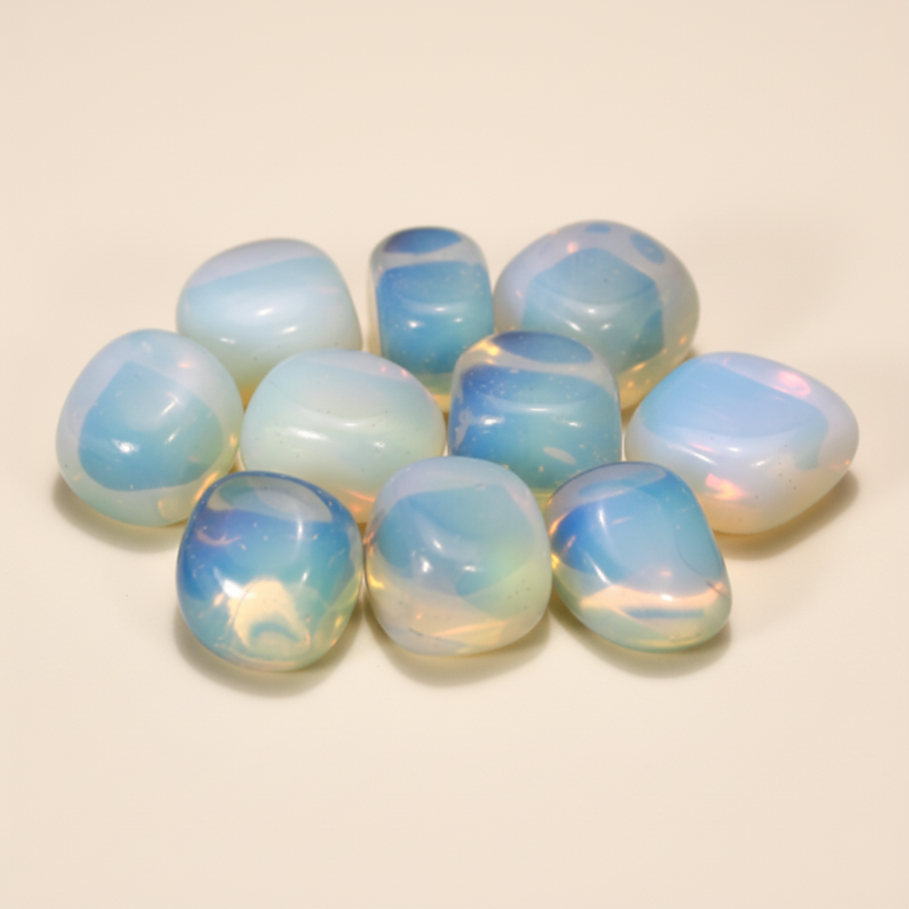 Polished Opalite tumble stones arranged on a warm ivory background