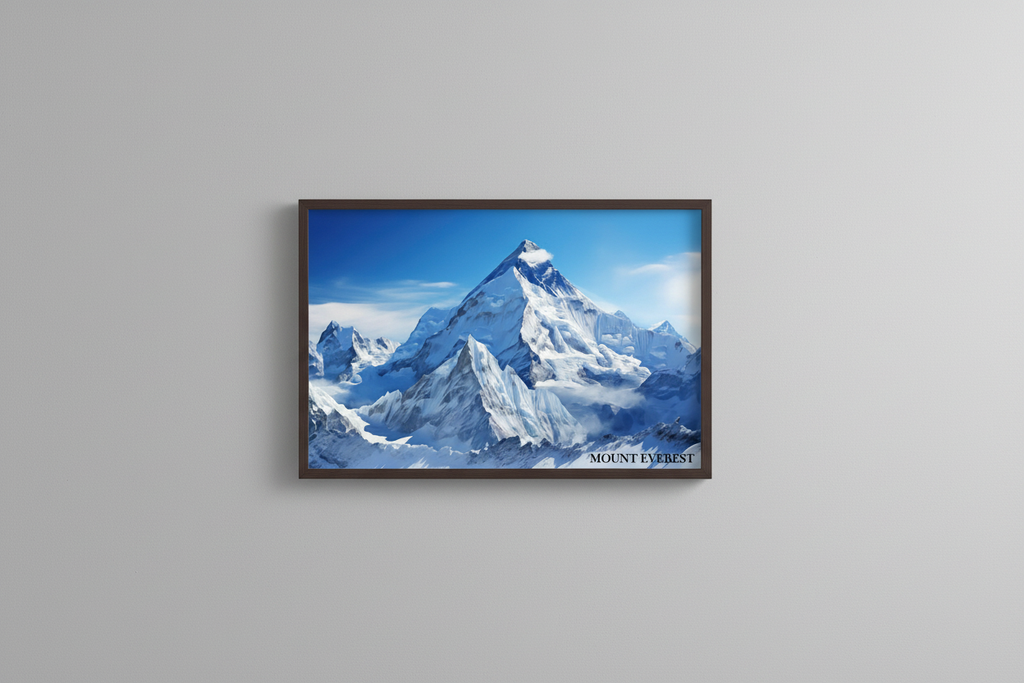 Mount Everest painting poster displayed in a clean neutral studio setting