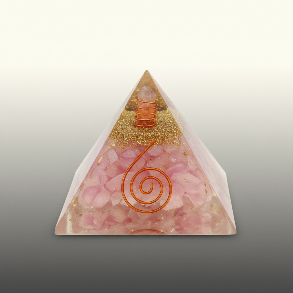 Pink crystal pyramid with a gold top detail and copper spiral on a premium studio background