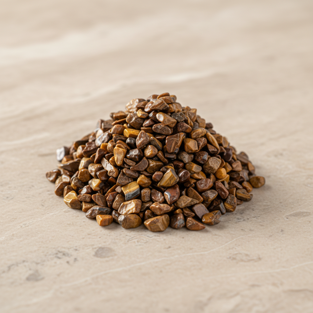 Tiger Eye Crystal Chips arranged on a warm neutral stone surface