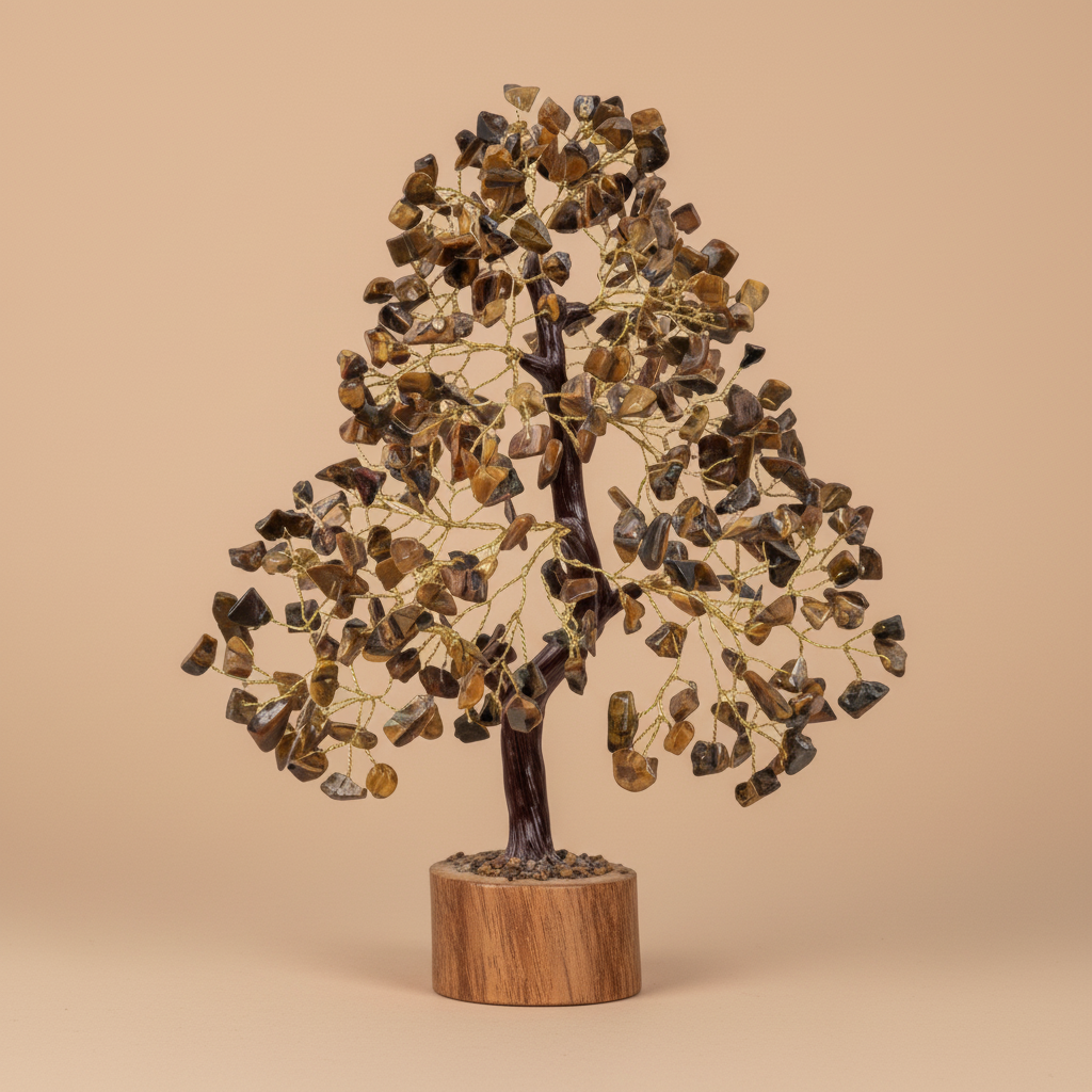 Close three-quarter view of a Tiger Eye crystal tree with brown-gold chips and fine branches