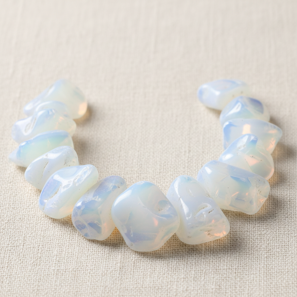 Close-up of irregular milky white and pale blue Opalite Crystal Chips