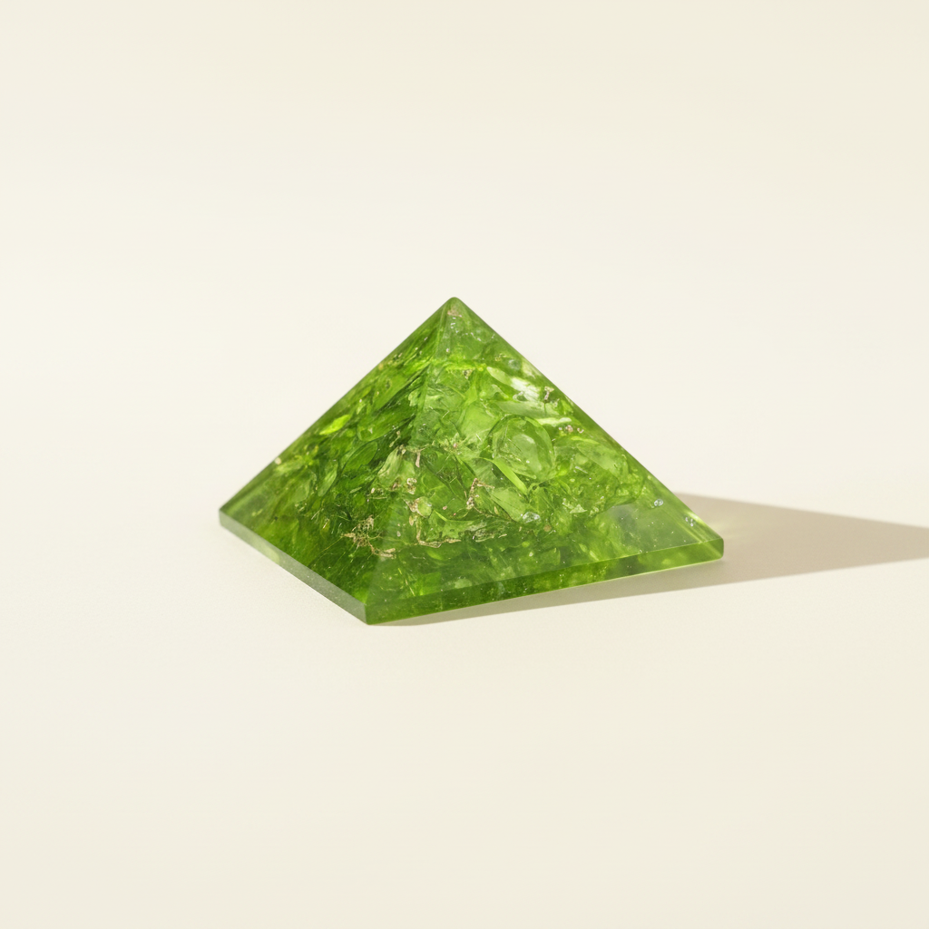 Front view of a bright green Peridot crystal pyramid on a warm white background