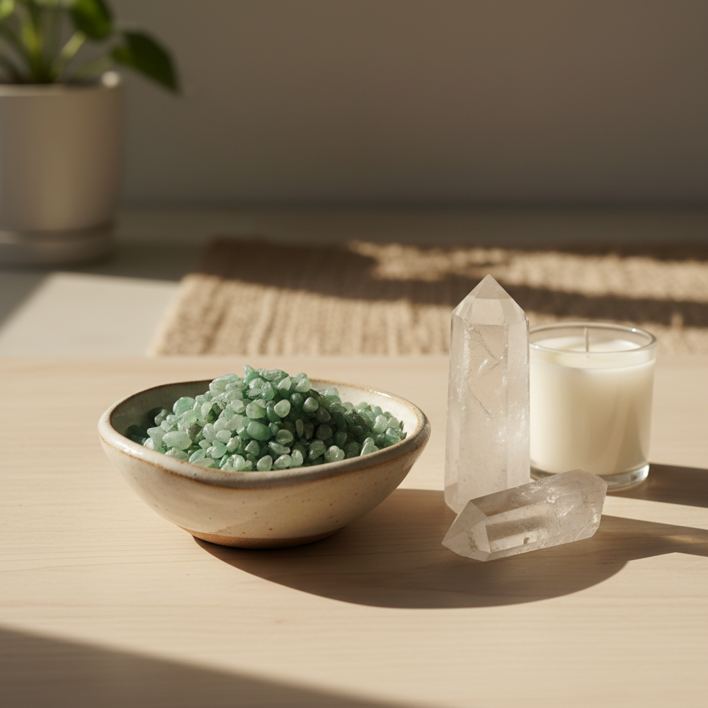 Green Aventurine Crystal Chips in a ceramic bowl in a calm spiritual home setting